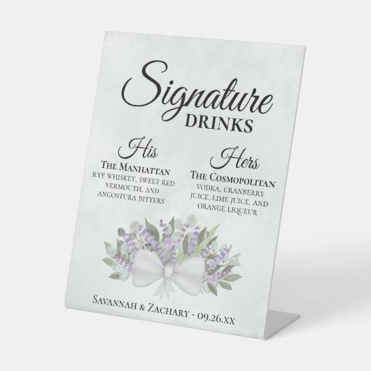Signature Drinken Lavendel & Eucalyptus Bruiloft Reclamebord Met Voetstuk (Voorkant)
