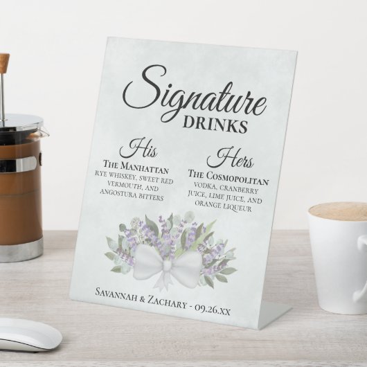 Signature Drinken Lavendel & Eucalyptus Bruiloft Reclamebord Met Voetstuk (Insitu)
