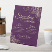 Signature Drinken Plum Paarse & Gold Wedding Bar Reclamebord Met Voetstuk (Insitu)
