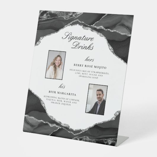 Signature Drinken Silver Black Agaat trouwfoto's Reclamebord Met Voetstuk (Voorkant)