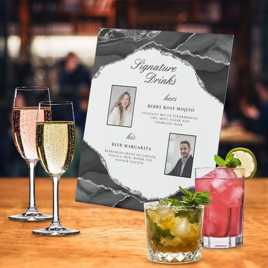 Signature Drinken Silver Black Agaat trouwfoto's Reclamebord Met Voetstuk