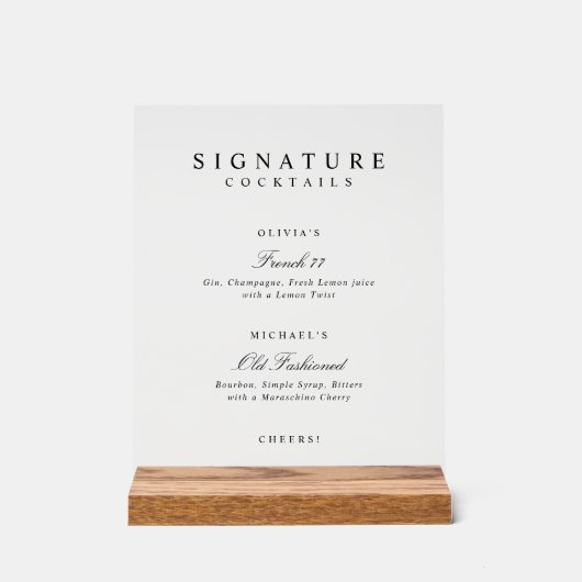 Signature Drinks Elegant Simple Wedding Bar Acryl Bord (Voorkant)