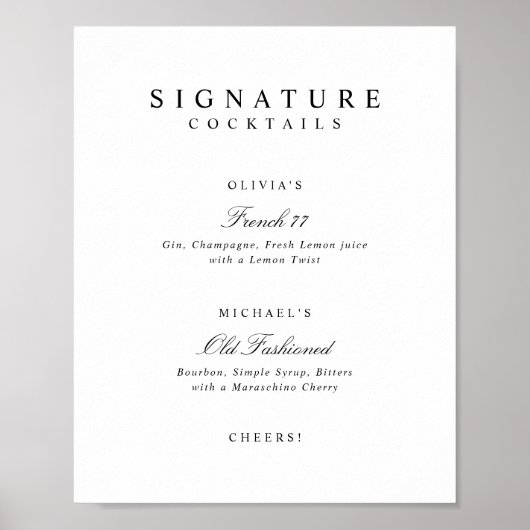 Signature Drinks Elegant Simple Wedding Bar Sign Poster (Voorkant)