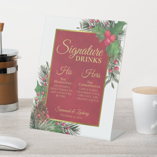 Signature Drinks Holly & Pine Christmas Wedding Reclamebord Met Voetstuk (Insitu)