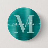 Signature Monogram Aqua Blauwgroen Shimmer Folie Ronde Button 5,7 Cm (Voorkant)
