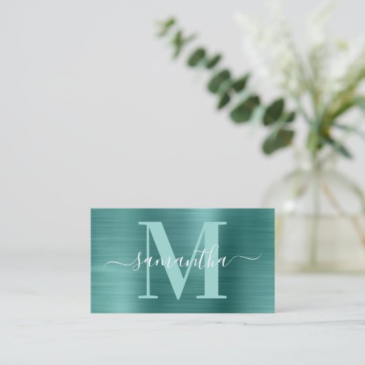 Signature Monogram Aqua Blauwgroen Shimmer Folie Visitekaartje (Staand voorkant)