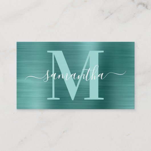 Signature Monogram Aqua Blauwgroen Shimmer Folie Visitekaartje (Voorkant)
