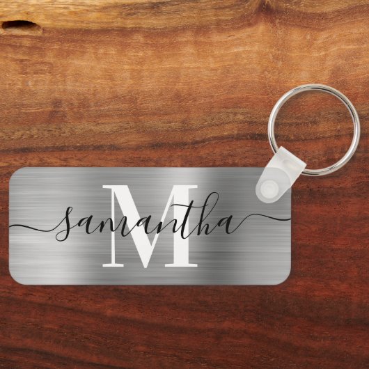 Signature Monogram Silver Foil Thin Rectangle Sleutelhanger (Voorkant)