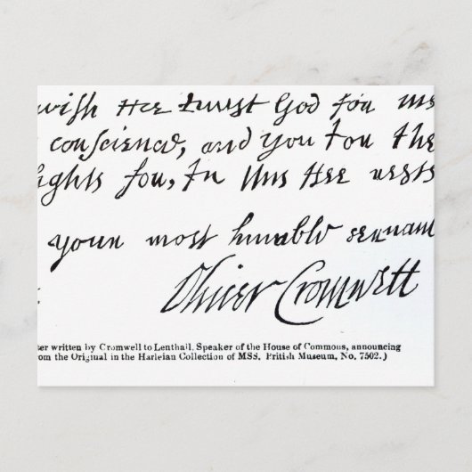 Signature Oliver Cromwell, met de hand geschreven Briefkaart (Voorkant)