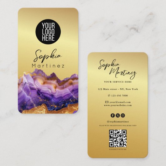 Signature Purple Agate gold marble & QR Code Logo Visitekaartje (Voorkant / Achterkant)
