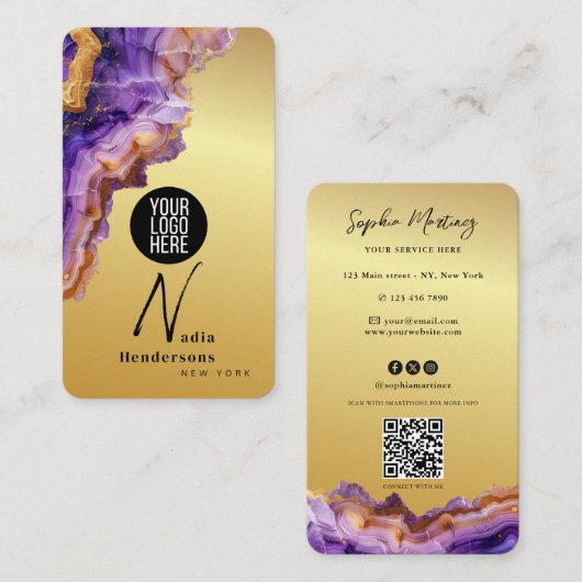 Signature Purple Agate gold marble & QR Code Logo Visitekaartje (Voorkant / Achterkant)