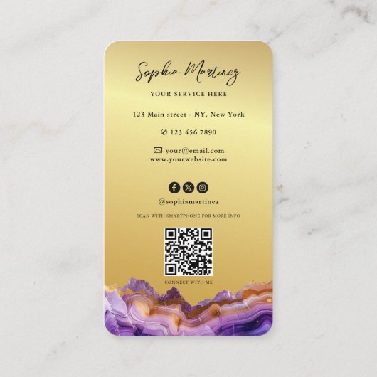 Signature Purple Agate gold marble & QR Code Logo Visitekaartje (Achterkant)