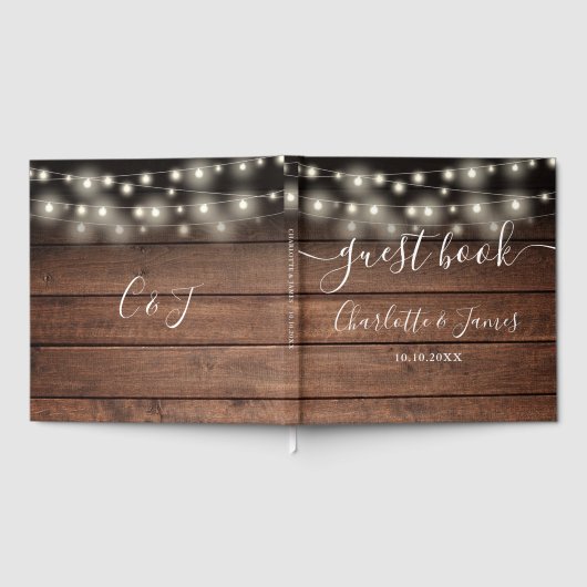 Signature Rustic Wood String Lights Wedding Gastenboek (Volledig)