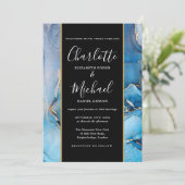Signature Script Black and Gold Blue Agate Wedding Kaart (Staand voorkant)