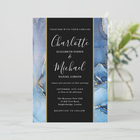 Signature Script Black and Gold Blue Agate Wedding Kaart (Staand voorkant)