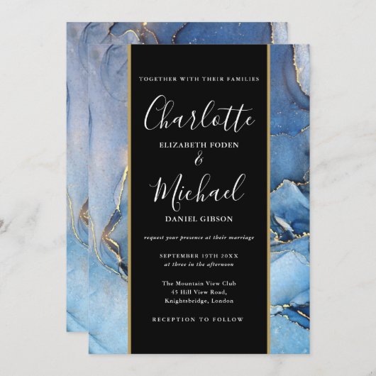 Signature Script Black and Gold Blue Agate Wedding Kaart (Voorkant / Achterkant)