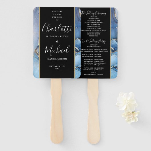 Signature Script Blue Agate Wedding Program Handwaaier (Voorkant en achterkant)
