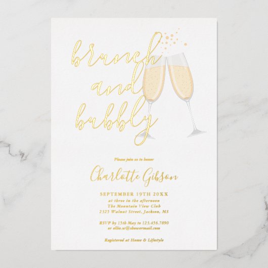 Signature Script Brunch Bubbelige Bruidsborrel Gou Folie Uitnodiging (Voorkant)