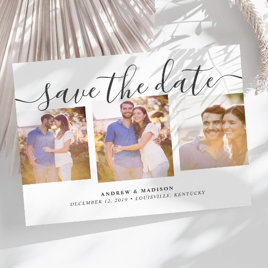 Signature Script Drie Foto's Grijs Save The Date Aankondigingskaart