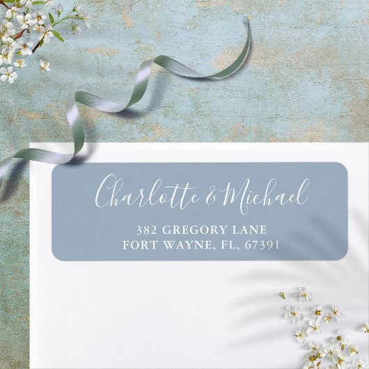 Signature Script Dusty Blue Wedding Return Address Etiket
