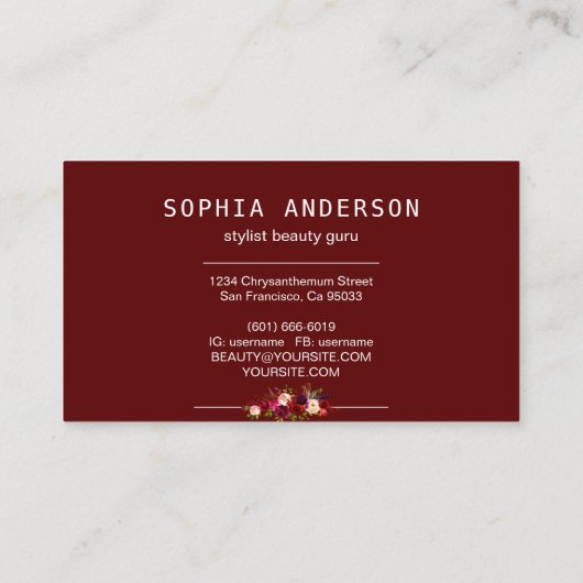 Signature Script & Elegant Burgundy Floral Rozen Visitekaartje (Achterkant)