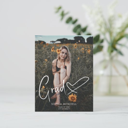 Signature Script Heart Photo Graduparty Aankondigingskaart (Staand voorkant)