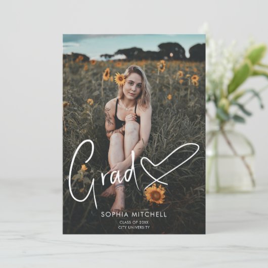 Signature Script Heart Photo Graduparty Kaart (Staand voorkant)