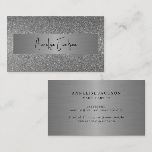 Signature script modern glam Silver glitter Visitekaartje (Voorkant / Achterkant)