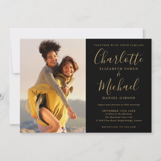 Signature Script Photo Black and Gold Wedding Kaart (Voorkant)