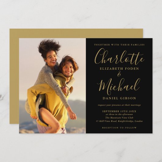 Signature Script Photo Black and Gold Wedding Kaart (Voorkant / Achterkant)