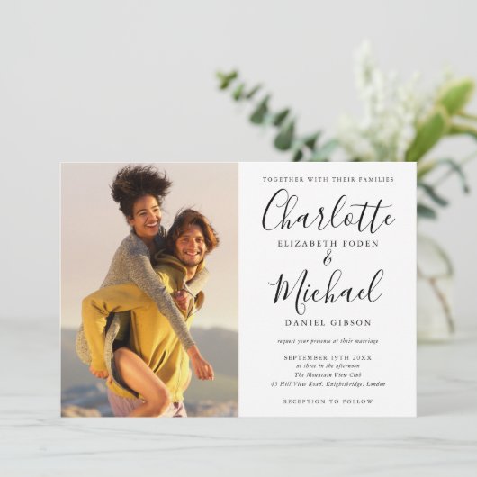 Signature Script Photo Black and White Wedding Kaart (Staand voorkant)