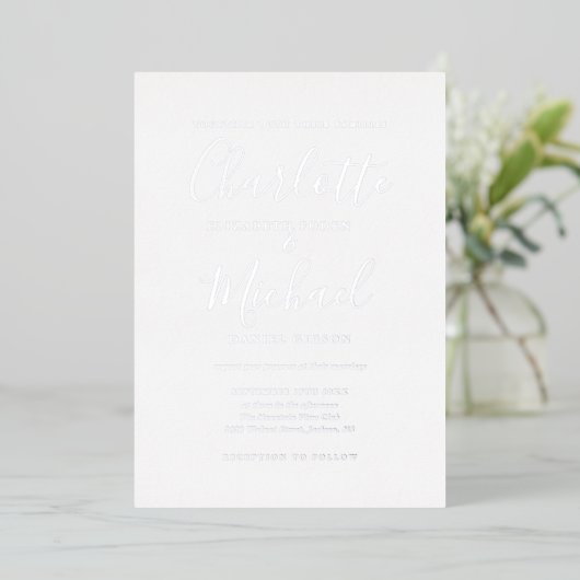 Signature Script Photo Wedding Silver Folie Uitnodiging (Staand Voorkant)