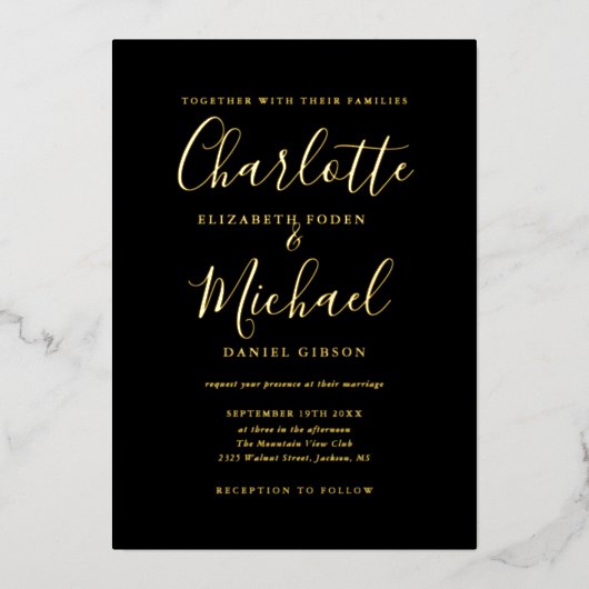 Signature Script Photo Weduwing Black and Gold Folie Uitnodiging (Voorkant)