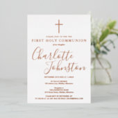 Signature Script Roos Gold First Heilige Communie Folie Uitnodiging (Staand Voorkant)