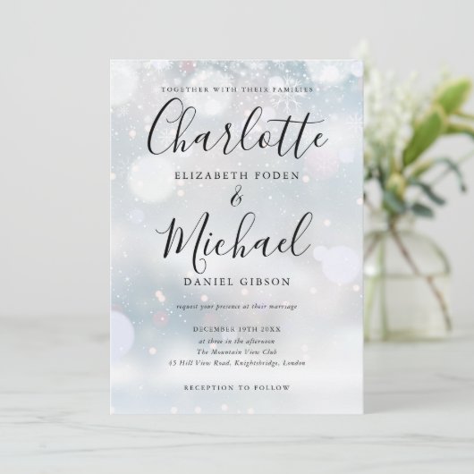 Signature Script Snowflakes Winter Weddenfoto Kaart (Staand voorkant)