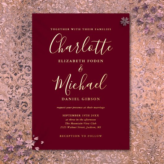 Signature Script Wedding Burgundy and Gold Folie Uitnodiging