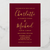 Signature Script Wedding Burgundy and Gold Folie Uitnodiging (Voorkant)