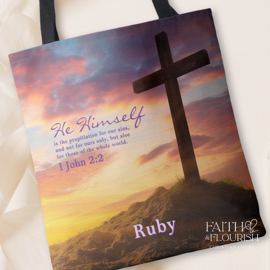 Sihouette Cross bij Dusk Scripture gepersonaliseer Tote Bag