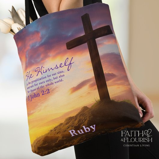 Sihouette Cross bij Dusk Scripture gepersonaliseer Tote Bag