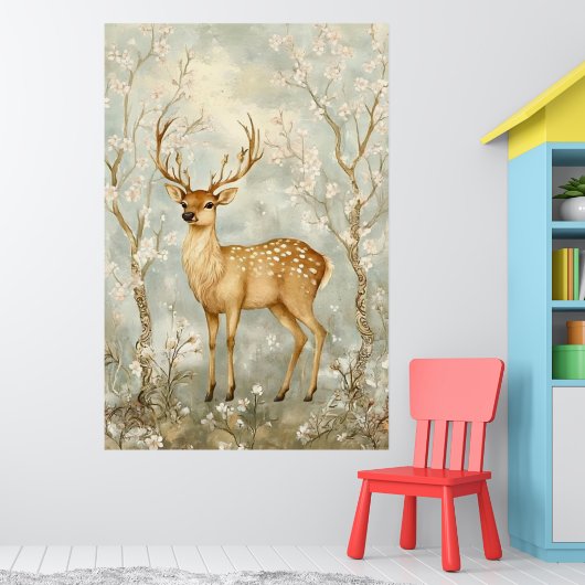 sika deer in a spring forest, surrounded by flower poster (Kinderkamer 1)