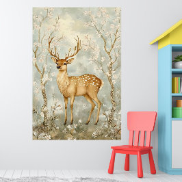 sika herten in een lentebos, omringd door bloemen poster