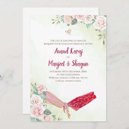 Sikh bruiloft uitnodiging & Anand Karaj kaarten (Voorkant / Achterkant)