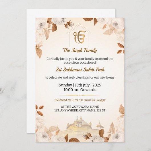 Sikh Housewarming Invitation Kaart, Sukhmani Path Kaart (Voorkant / Achterkant)