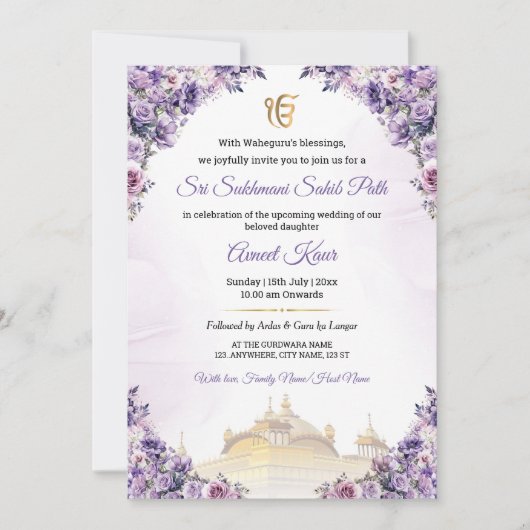 Sikh Huwelijks Sukhmani Sahib Path Uitnodiging (Voorkant)
