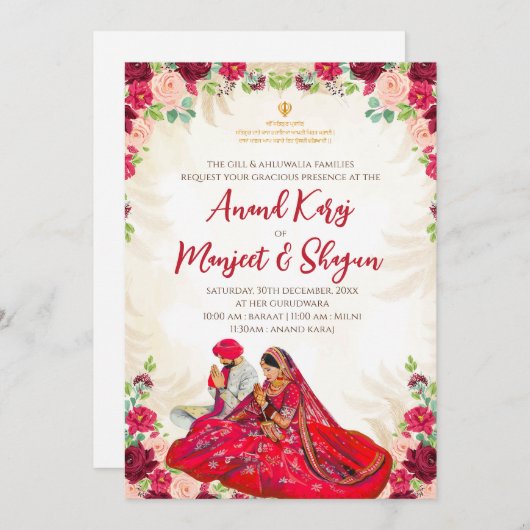 Sikh huwelijkskaarten & Anand Karaj uitnodigingen (Voorkant / Achterkant)