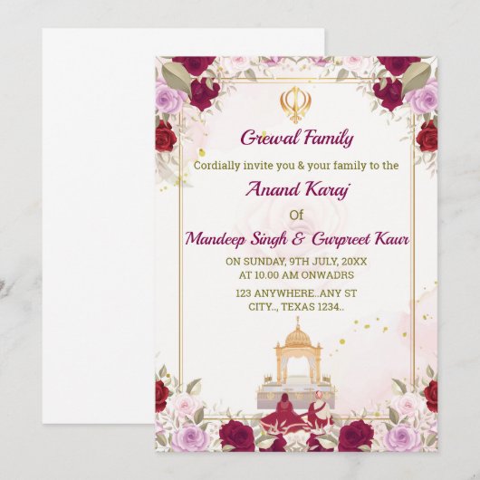 Sikh Huwelijksuitnodiging, Anand Karaj Kaart, Kaart (Voorkant / Achterkant)