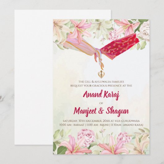 Sikh trouwkaarten & Digitale Punjabi uitnodigingen (Voorkant / Achterkant)