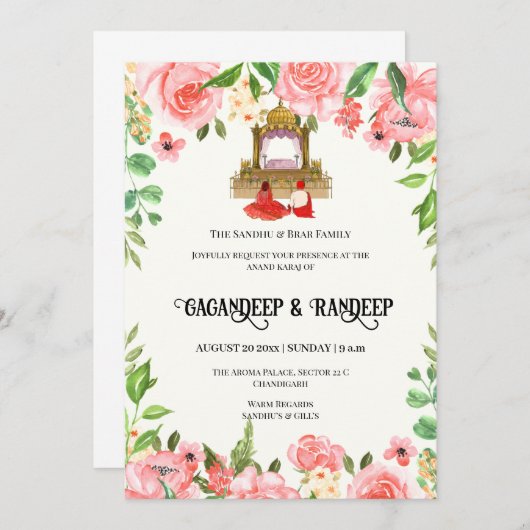 Sikh trouwkaarten Punjabi bruiloft uitnodiging (Voorkant / Achterkant)