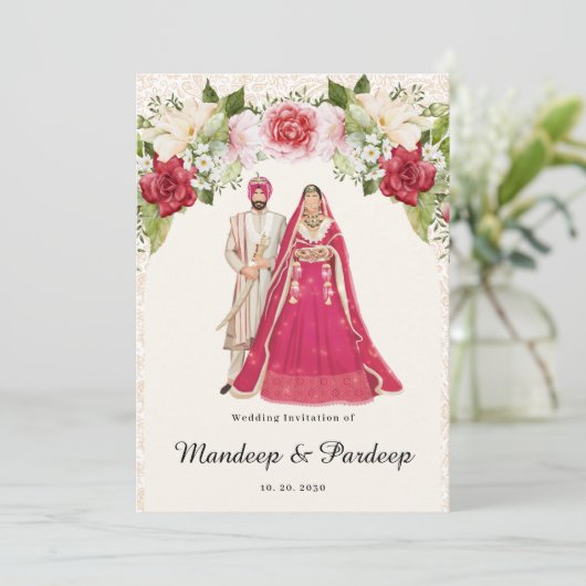 Sikh trouwkaarten Punjabi bruiloft uitnodiging (Staand voorkant)