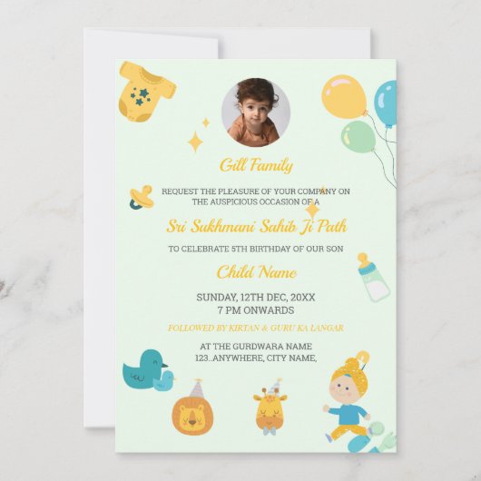 Sikh Verjaardag Uitnodiging Kaart, Sukhmani Sahib  (Voorkant)